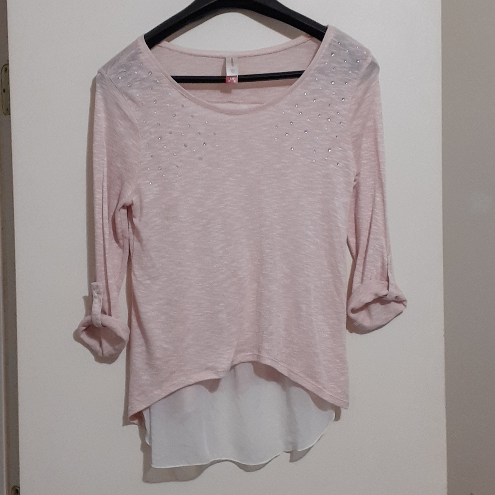 Blush pink quarter sleeve shirt sheer panel back